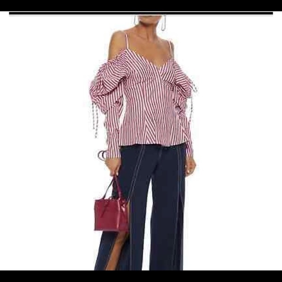Petersyn Alice Striped Poplin Cold Should Blouse Size M Red and White - Picture 5 of 15